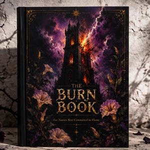 May include: A hardcover book titled The Burn Book: For Names Best Committed to Flame. The cover features a dark, gothic illustration of a burning stone tower under a purple stormy sky, surrounded by detailed purple and gold floral accents.