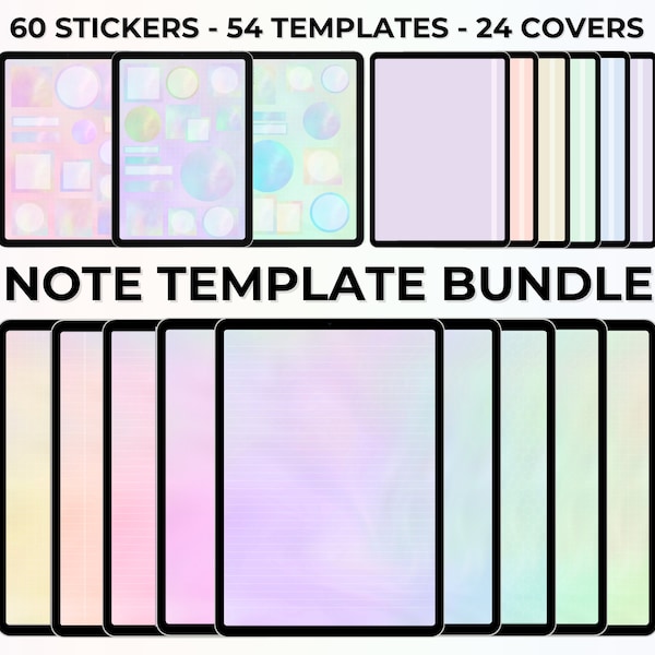 Digital note template bundle with digital stickers and digital notebook covers gradient aesthetic pastel for goodnotes, digital planner etc