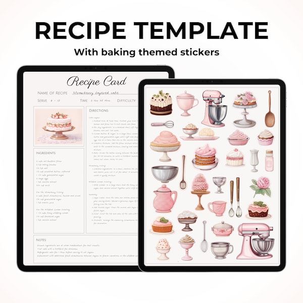 Goodnotes-Rezeptkartenvorlage mit digitalem Backaufkleber-Set, Dessert-Cliparts für iPad und digitalen Planern für Koch- und Backrezepte