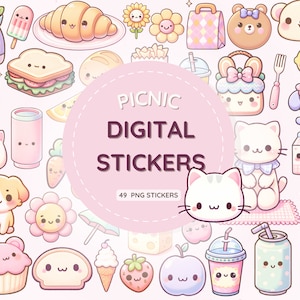 Paquete de pegatinas digitales: lindas pegatinas de agenda kawaii para Goodnotes, cuaderno digital, planificador digital y diario, estética de picnic png