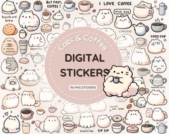 Digital Sticker Pack: Cute Cats & Coffee planner Stickers for Goodnotes, digital notebook, digital planner and Journal, kawaii aesthetic png
