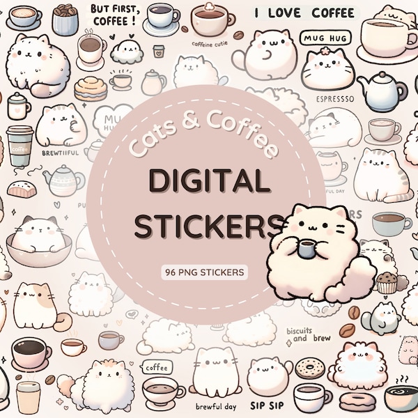 Paquete de pegatinas digitales: lindas pegatinas para planificadores de café y gatos para Goodnotes, cuaderno digital, planificador y diario digital, estética kawaii png