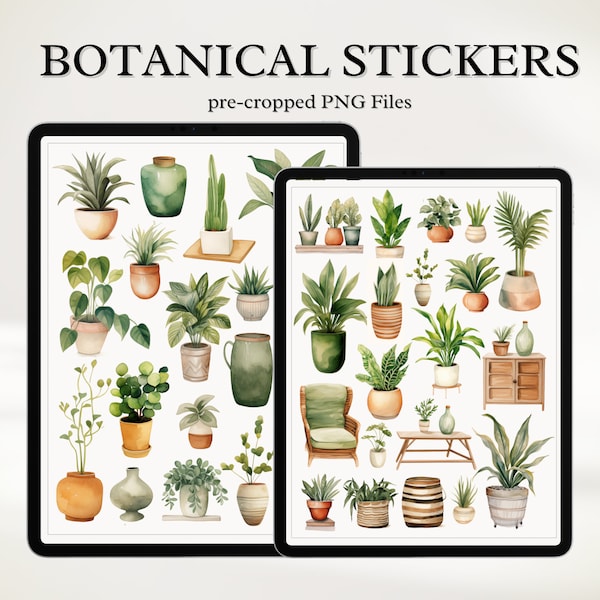 Botanical Stickers - Boho Digital Sticker Pack, GoodNotes Stickers for Bohemian Decor, Plant Illustration, Watercolor Plant PNG, aesthetics