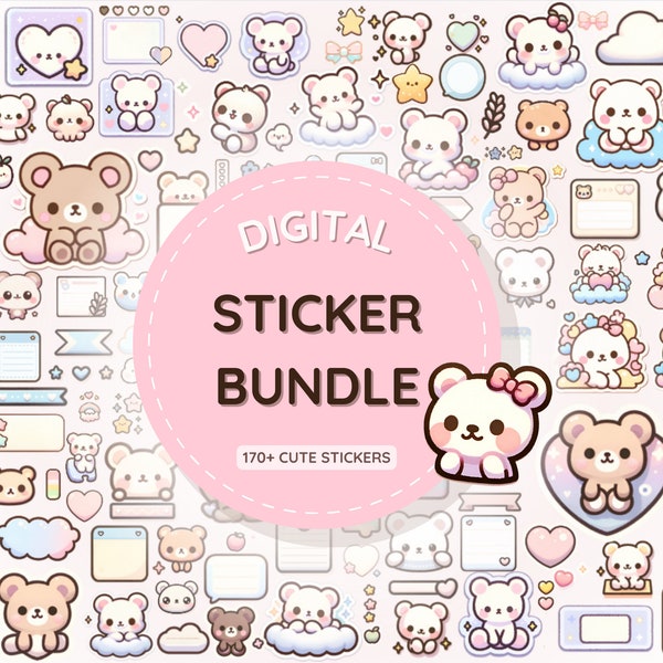 Paquete de pegatinas digitales: más de 170 lindas pegatinas de osos Kawaii para Goodnotes, Planificador, Diario / Pegatinas imprimibles funcionales Notas adhesivas