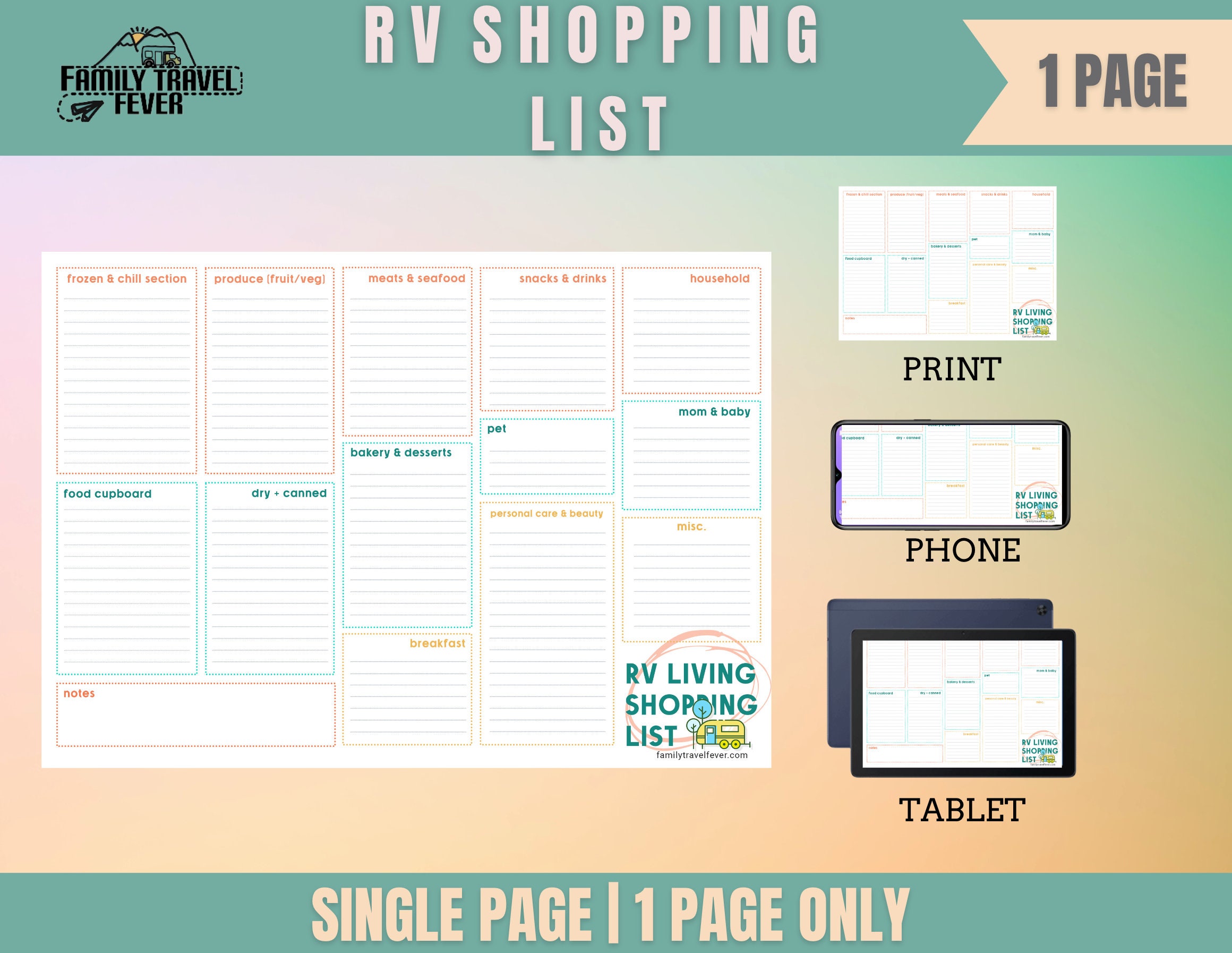 RV Shopping List Checklist One Page Printable Travel Journal Page ...