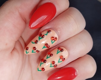 Red with Cherries, Press on Nails