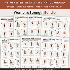 May include: A digital bundle of 7 workout posters and a 10-page planner pack titled Women's Strength Bundle. The posters feature illustrated exercise routines including Arm and Shoulder, Leg and Hip, Full Body Dumbbell, and Band Workouts.