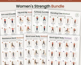 Può includere: Un pacchetto digitale di 7 poster di allenamento e un planner di 10 pagine intitolato Women's Strength Bundle. I poster presentano routine di esercizi illustrate per braccia, spalle, gambe, fianchi e allenamenti a corpo libero.