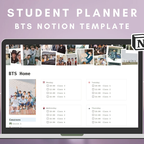 Notion BTS, Student Notion Template Planner, Aesthetic BTS Notion School Planner, Digital Planner KPOP