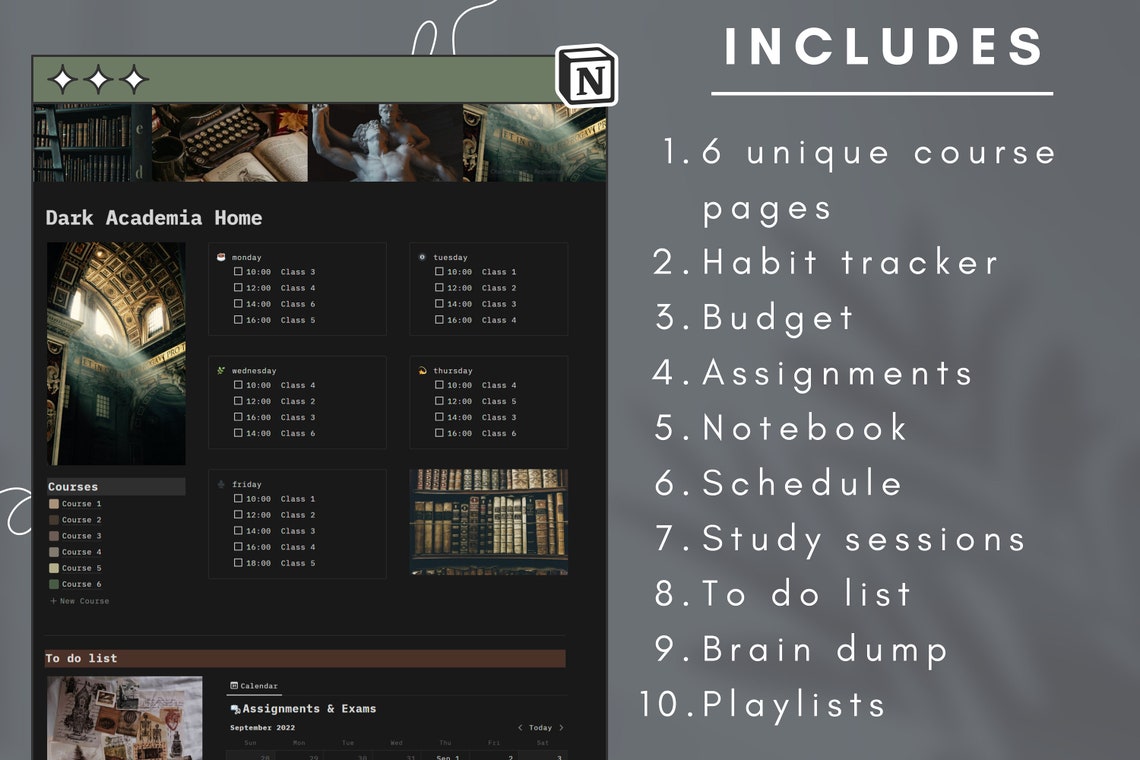Dark Academia Student Notion Planner Template (digital Download) - Etsy