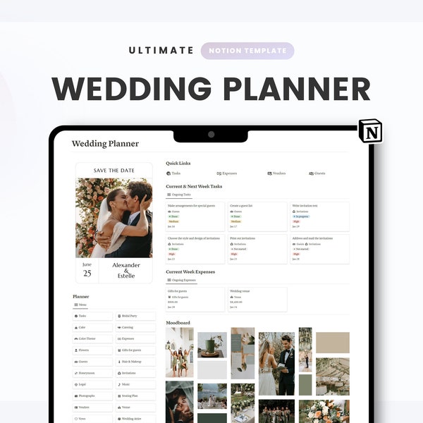 Notion Wedding Planner, Wedding Organizer, Wedding Budget, Wedding Checklist, Wedding To-Do List, Wedding Timeline Organizer
