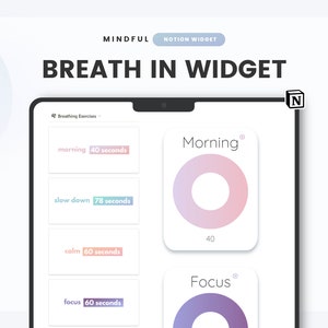 Puede incluir: Una captura de pantalla de un widget de Notion para ejercicios de respiración. El widget tiene cuatro ejercicios de respiración diferentes: mañana, desacelerar, calmar y enfocar. Cada ejercicio tiene una duración en segundos. El widget está diseñado para ayudar a los usuarios a practicar la atención plena y la relajación.