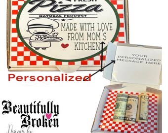 Personalized Mini pizza box gift box -fun/creative money holder. Christmas money gift, pizza cookie box, money card, care package, open when
