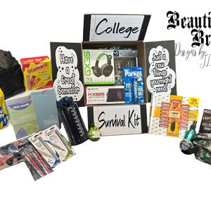 May include: A college survival kit gift box containing various items including a black water bottle, green headphones, pens, a notebook, Bic razors, Shavely's face wash, a camouflage toiletry bag, a black lunch bag, and a Slush Puppie drink pouch.