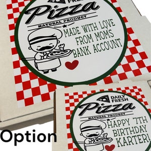 May include: Two white pizza boxes with red and white checkered patterns. The top box has a green circle sticker with a cartoon pizza chef and the text "DAILY FRESH Pizza NATURAL PRODUCT MADE WITH LOVE FROM MOMS BANK ACCOUNT". The bottom box has a green circle sticker with a cartoon pizza chef and the text "DAILY FRESH Pizza NATURAL PRODUCT HAPPY 7TH BIRTHDAY KARTER!".