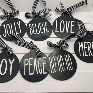Wooden Christmas ornaments- Black and white with buffalo plaid hanging ribbon - 7 to choose from