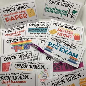 Open When Labels - Over 60 designs to select from! Plus FREEBIES with every purchase! Perfect for college students & loved ones