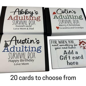 May include: Three black rectangular gift boxes with white labels featuring personalized text including Abby's, Colin's, and Austin's Adulting Survival Box. One additional white card displays the text For when you need something for your new home.