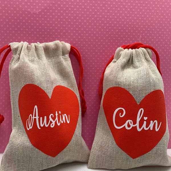 Personalized burlap heart favor bags. Perfect for Valentines Day or parties - great for both kids and adults!