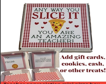 Personalized pizza gift box -fun/creative money gift card holder.  Teacher appreciation gift, pizza  gift box, mini pizza box, cookie box