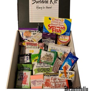 May include: A white gift box filled with various small items, including candy, gum, and motivational notes. The box is labeled "Final Exam Survival Kit" and "Hang in there!" The items include candy with phrases like "You're O'Fish'ally Almost Done" and "For When Studying Becomes Unbearable".