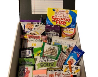 Final Exam Survival Kit College Care Package - Build your own: snacks, personalized tumbler, supplies, reusable boxes