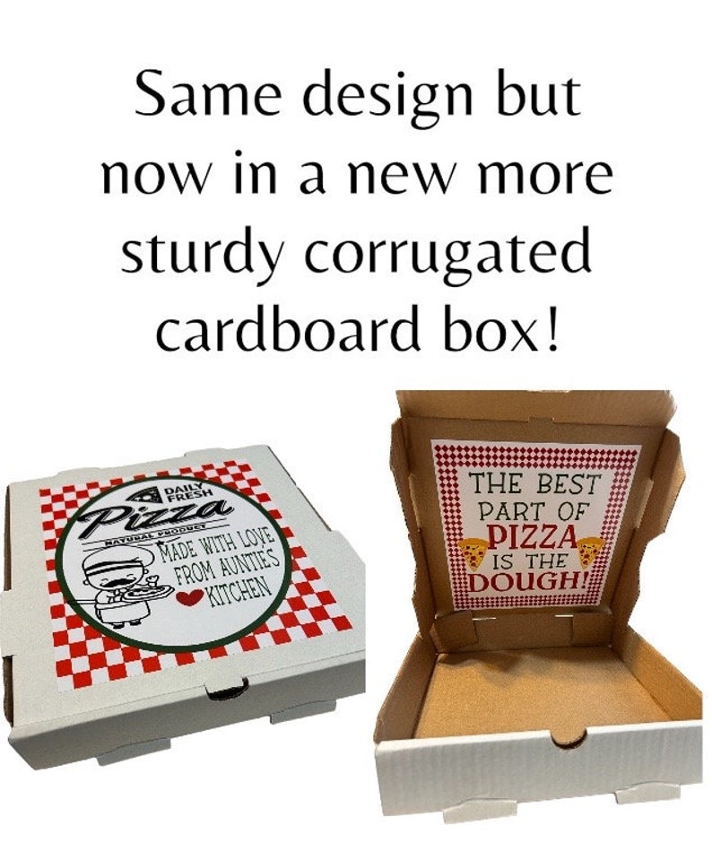 May include: Two white pizza boxes with red and white checkered patterns. The box on the left has a cartoon chef with the text "Daily Fresh Pizza, Mayoral Product, Made with Love from Aunties Kitchen". The box on the right is open and has a white card inside with the text "The Best Part of Pizza is the Dough!"