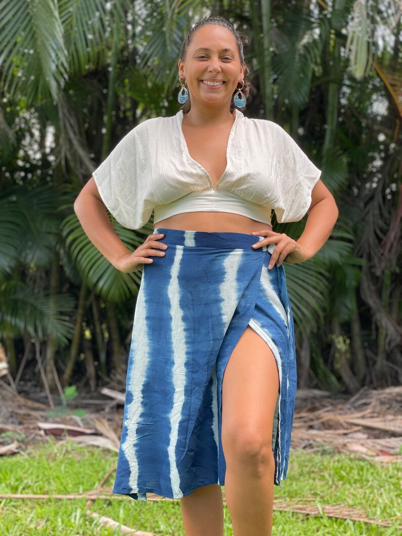 A-line wrap skirt, blue wrap skirt, bamboo wrap skirt, natural textile, natural dyes, Midi length wrap skirt. Blue