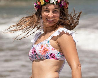 Floral Ruffle Bikini set, sustainable swimwear, women, Brazilian bottom