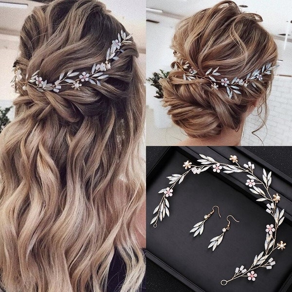 NEW Fashion Wedding Hair Flowers Headband Accessories Pearls Bridal Jewelry Wedding Earrings Handmade Headdress Princess Dress Gold Jewelry