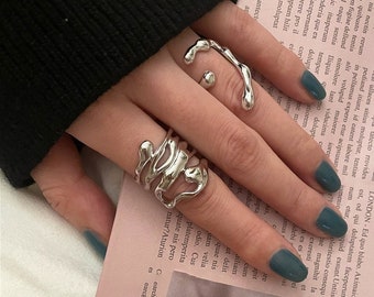 Anello grosso Boho in argento, anello in argento 925, fascia ad anello aperto regolabile impilabile, anello spesso da donna, gioielli hippie, argento genuino