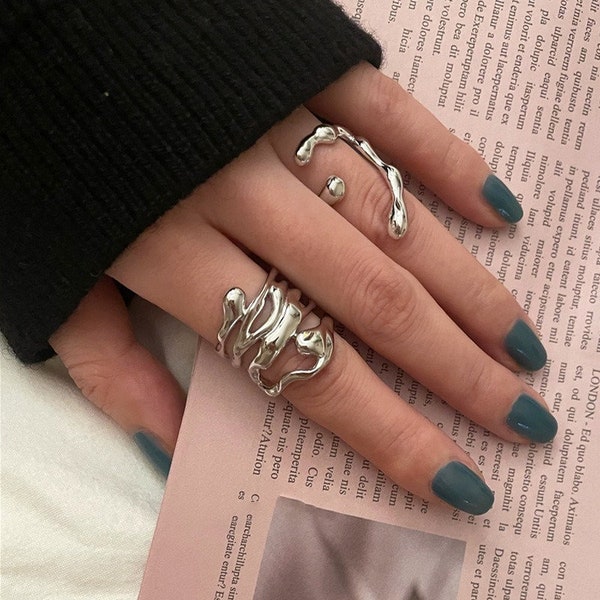 Boho Silberring, 925er Silber Ring, stapelbar, verstellbare offene Ringschiene, Statement dicker Ring Frauen, Hippie Schmuck, echtes Silber