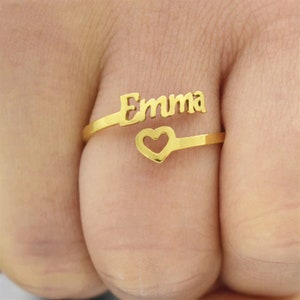 Heart Name Ring in Gold - Silver - Rose Gold, Personalized Open Adjustable Ring Engagement Promise Custom Rings Customized Name Gift
