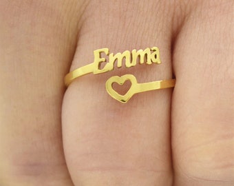 Heart Name Ring in Gold - Silver - Rose Gold, Personalized Open Adjustable Ring Engagement Promise Custom Rings Customized Name Gift