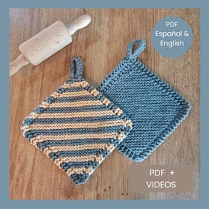 Potholder knitting pattern. Two model potholder  tutorial. Potholder with stripes. Easy step by step instructions, English and Spanish. DIY.