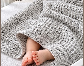 Small Baby Blanket Knitting Pattern PDF, Easy Beginner Knit Blanket, Garter & Hurdle Stitch, Stroller Size, Video Tutorials EN-ES