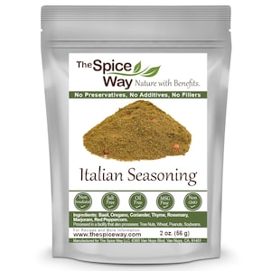 May include: A silver resealable pouch of Italian seasoning with the brand name "The Spice Way" and the text "Nature with Benefits. No Preservatives, No Additives, No Fillers". The pouch contains 2 ounces (56 grams) of seasoning.