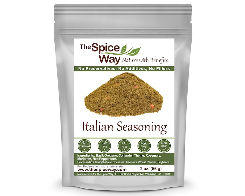 May include: A silver resealable pouch of Italian seasoning with the brand name "The Spice Way" and the text "Nature with Benefits. No Preservatives, No Additives, No Fillers". The pouch contains 2 ounces (56 grams) of seasoning.