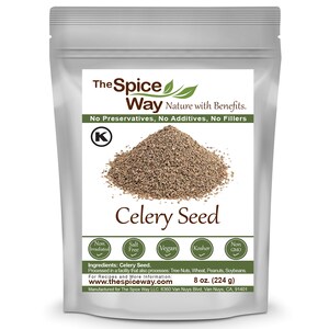 May include: A silver resealable bag of celery seed, labeled "The Spice Way Celery Seed" with the text "Nature with Benefits. No Preservatives, No Additives, No Fillers". The bag contains 8 ounces (224 grams) of celery seed.