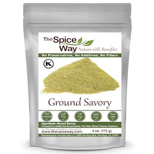 May include: A silver resealable pouch of ground savory spice. The pouch has a label with the text "The Spice Way" and "Nature with Benefits." The label also states "No Preservatives, No Additives, No Fillers." The pouch contains 4 ounces (112 grams) of ground savory.