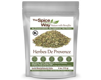 May include: A silver resealable pouch of dried Herbs de Provence. The pouch has a white label with the text "The Spice Way" in brown lettering. The label also includes the text "Nature with Benefits." and "No Preservatives, No Additives, No Fillers." The pouch contains 4 ounces (112 grams) of herbs.