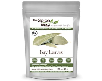 May include: A silver resealable pouch of Bay Leaves from The Spice Way. The pouch is labeled with the company logo and the words "Nature with Benefits." The pouch also includes a list of certifications, including Kosher, Vegan, Non-GMO, and Salt Free. The pouch contains 0.75 ounces (21 grams) of Bay Leaves.