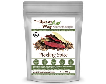 May include: A silver resealable pouch of The Spice Way Pickling Spice. The pouch features a label with a green leaf logo and the text "Nature with Benefits." The label also includes a list of ingredients, including yellow mustard seeds, coriander seeds, allspice, black pepper, cloves, chili, and bay leaves. The pouch contains 4 ounces (112 grams) of spice.