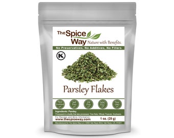 May include: A silver resealable pouch of dried parsley flakes. The pouch has a label that reads "The Spice Way" and "Nature with Benefits." The label also states "No Preservatives, No Additives, No Fillers." The pouch contains 1 ounce (28 grams) of parsley flakes.