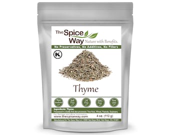 May include: A silver resealable pouch of dried thyme labeled "The Spice Way Thyme" with the tagline "Nature with Benefits." The pouch also states "No Preservatives, No Additives, No Fillers." The pouch contains 4 ounces (112 grams) of thyme.