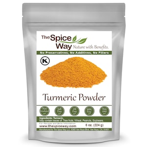 May include: A silver resealable pouch of turmeric powder labeled "The Spice Way Turmeric Powder" with the text "Nature with Benefits. No Preservatives, No Additives, No Fillers" and a "K" symbol. The pouch contains 8 ounces (224 grams) of turmeric powder.