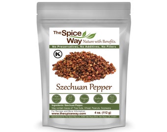 May include: A silver resealable pouch of Szechuan peppercorns. The pouch has a label that reads "The Spice Way" and "Nature with Benefits." The label also states "No Preservatives, No Additives, No Fillers." The pouch contains 4 ounces (112 grams) of Szechuan peppercorns.