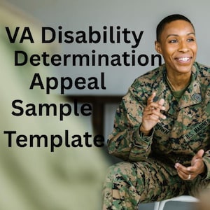 Pode incluir: Uma mulher em uniforme militar está falando com alguém fora da câmera. O texto "VA Disability Determination Appeal Sample Template" é exibido em texto preto sobre um fundo branco.