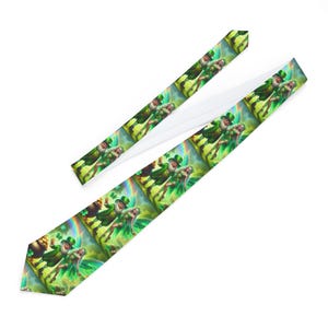 May include: A necktie featuring a repeating pattern of a leprechaun, a fairy, a rainbow, and a pot of gold. The tie is predominantly green with white on the back side. The design is a colorful illustration.