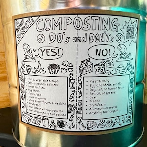 May include: A black and white illustration on a brown paper label with the text "COMPOSTING DO's and DON'TS" and a list of items to compost and not compost. The illustration includes a cartoon character with a speech bubble that says "YES!" and another cartoon character with a speech bubble that says "NO!"